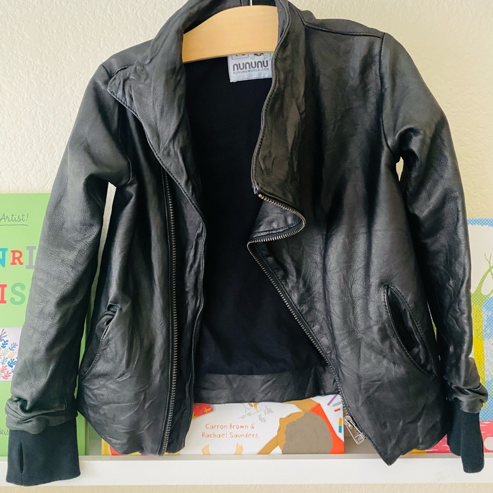 Nununu Black Washed Leather Jacket Size 4-5